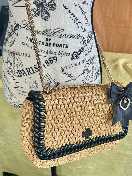 Tory Burch Handbags - Tory Burch Natural Straw Crossbody with Black Trim and Gold Chain
